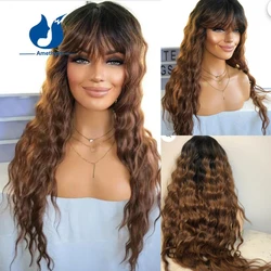 Amethyst Deep Wave Ombre Brown Human Hair Wig With Bangs O Scalp Top Full Machine Made Wig for Women Brazilian Loose Curly Hair