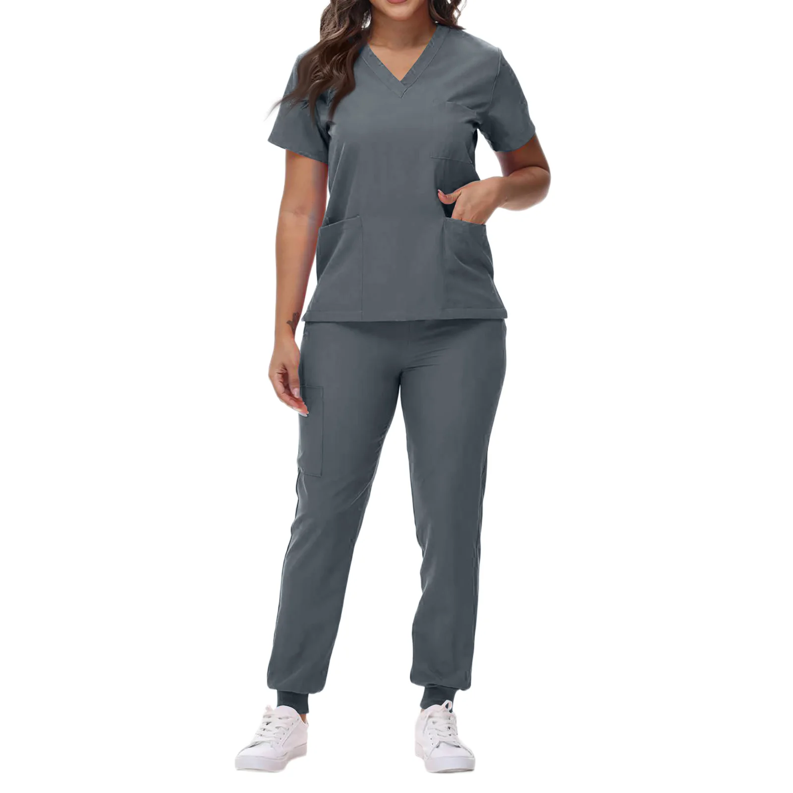 Set scrub da infermiera da donna con scollo a V manica corta pantaloni da jogging multitasche multicolori abbigliamento da lavoro professionale accogliente medico