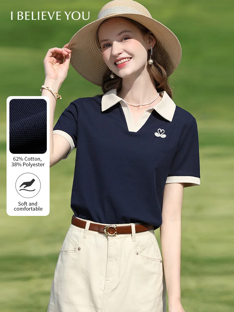I BELIEVE YOU Blue Contrasting Polo Collar Breathable T-shirt Top Summer 2025 V-neck White Swan Embroidery Casual Tee 2252015970