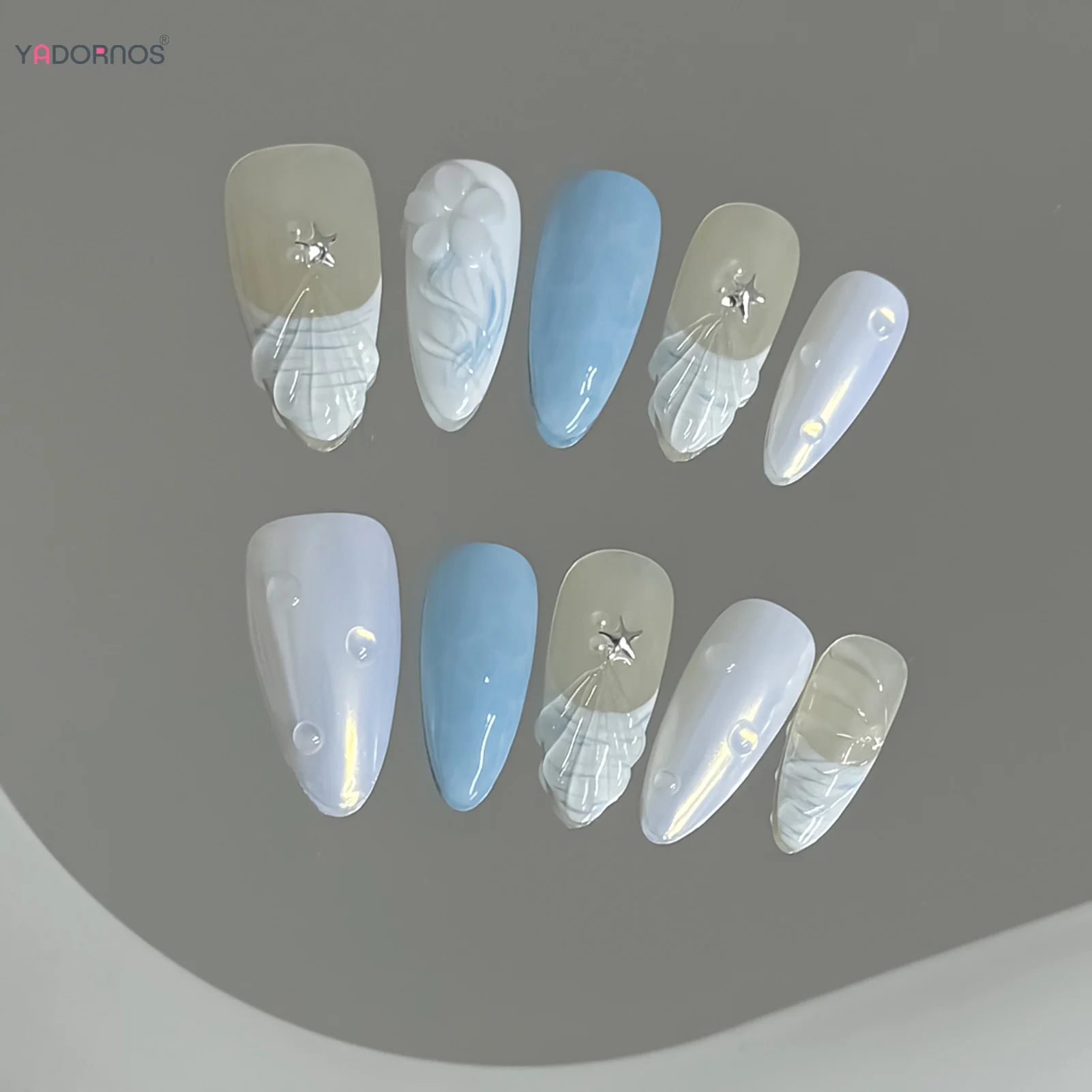 10pcs Handmade กดบนเล็บสีฟ้าสไตล์ฝรั่งเศสฤดูร้อน Ocean Series เล็บปลอมสเตอริโอ Seashells Designs หวานเล็บปลอม