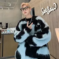 American Style High Street Color Blocking Sweater For Men Loose Fit Casual Knitted Top Trendy Long Sleeve Woolen Coat Idle Style