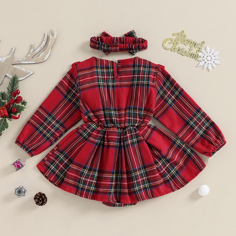 Infant Girls Plaid Lace Trim Romper Dress Set with Headband - Christmas Outfit for Toddler Baby Girls Crew Neck Long Sleeve