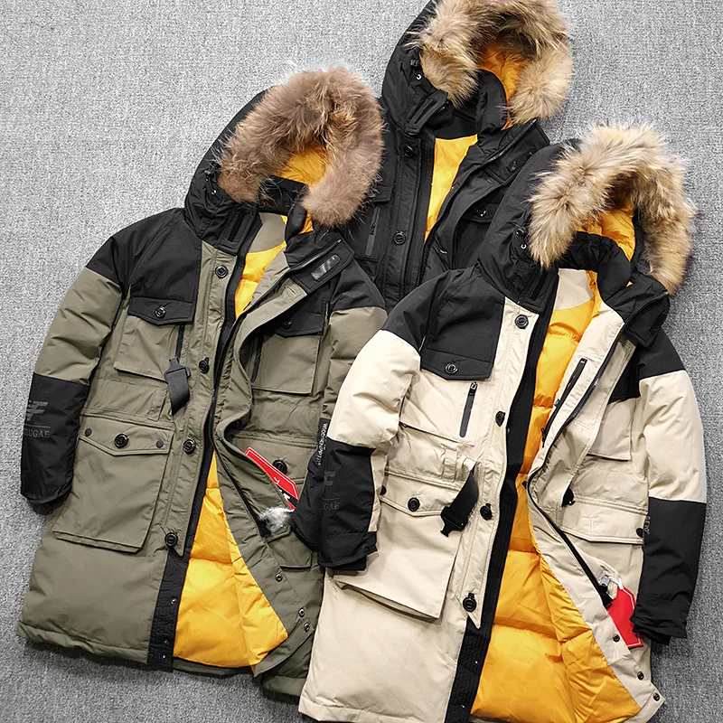 Chaqueta de plumón de pato blanco esponjoso para hombre, Parkas largas con Cuello de piel grande, abrigo grueso y cálido de Color, Invierno