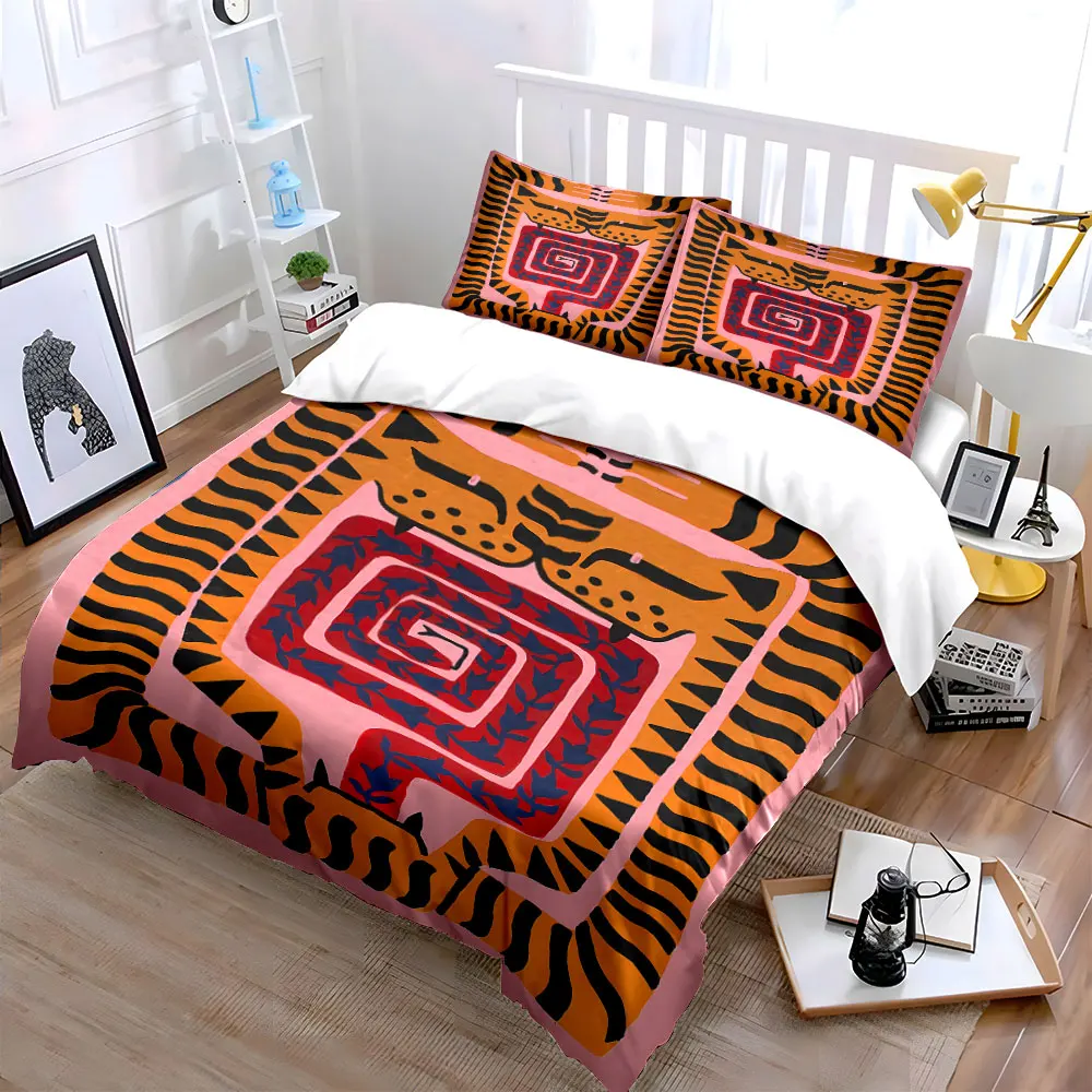Abstract Tiger Pattern Three-Piece Set Soft Skin-Friendly Bedding Set Includes 1 Duvet Cover And 2 Pillowcase, Gift