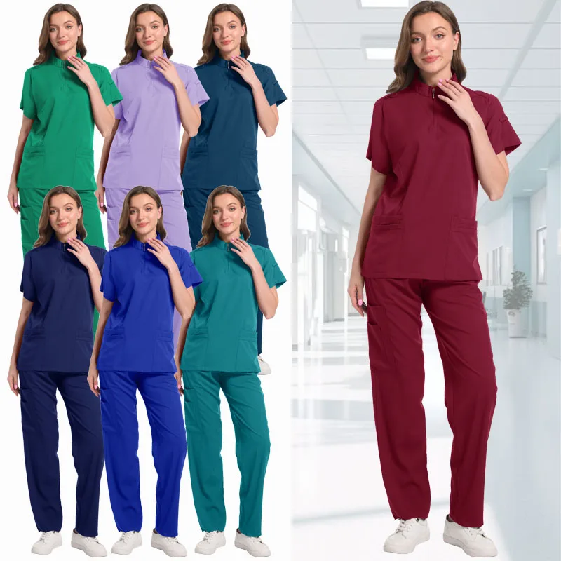 

Nurse Scrub Set Medical Scrubs Uniform Women Operating Room Nursing Clothes Pocket Top+Pants 2 Piece Suit Beauty Salon Work Wear