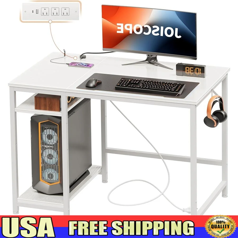 

Computer Desk with USB Type-C Outlets Home Office Desk 2-Tier Storage Shelves Modern Gaming Table Stable Assembly Available
