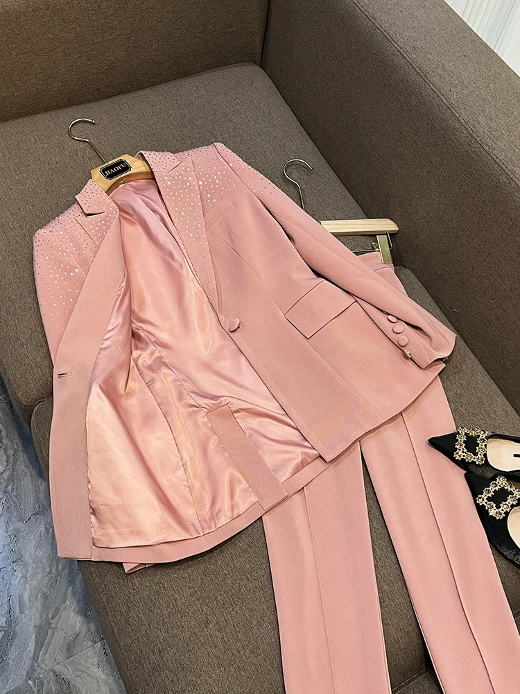 New Brand Runway Designing Fancy Single Button Beading Blazer 2 Pieces Sets Solid Pink & Blue Women Suits