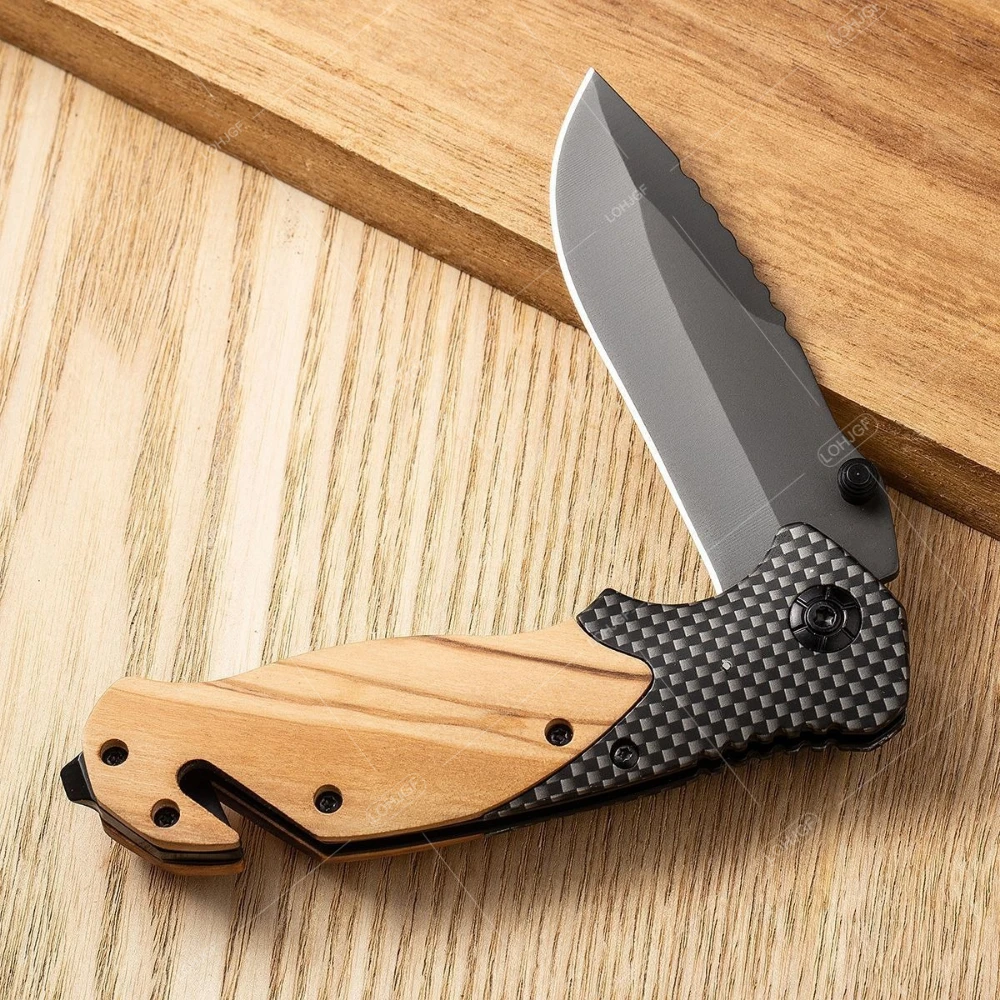 Wooden Handle Outdoor Folding Knife High-hardness Rope Cutting Tools Multi-functional Outdoor Camping Fishing Knives with Clip