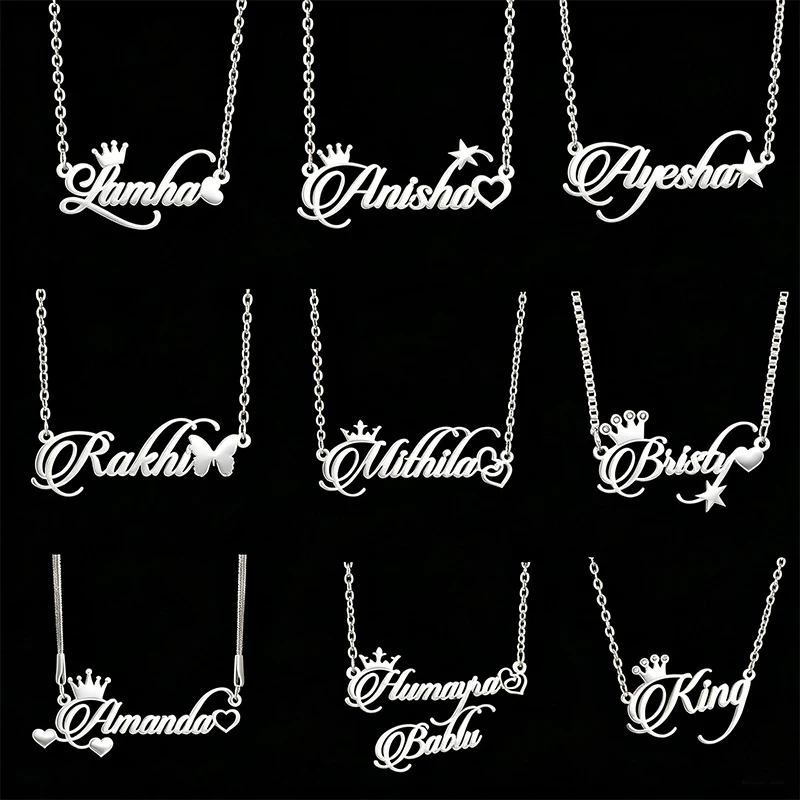 9 modèles de colliers personnalisés à faire soi-même, avec pendentifs en forme de couronne, de cœur ou d’étoile, et possibilité d’y graver un nom. Colliers ras du cou personnalisés en acier inoxydable, bijoux pour femmes.
