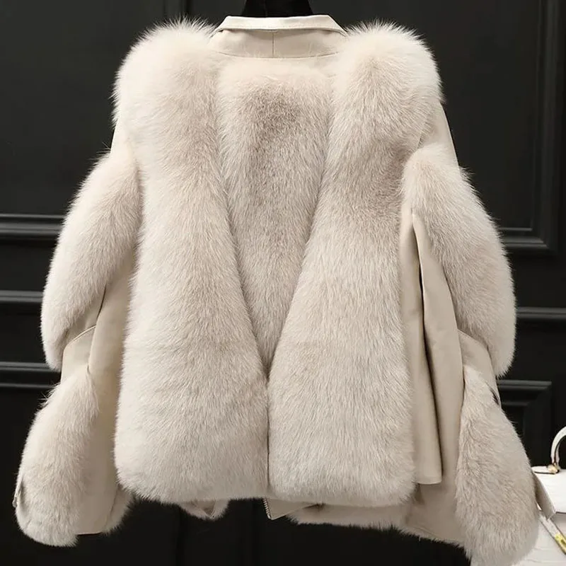 New Women\'s Fur Integrated Motorcycle Jacket Winter Warm Imitation Fox Fur Coat Fashion Snow Female Cold Resistant Fur Outerwear