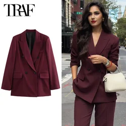 TRAF Burgundy Blazer Woman 2024 Autumn Women's Blazers Long Sleeve Double-Breasted Outerwears Office Wear Women Fashion Blazers