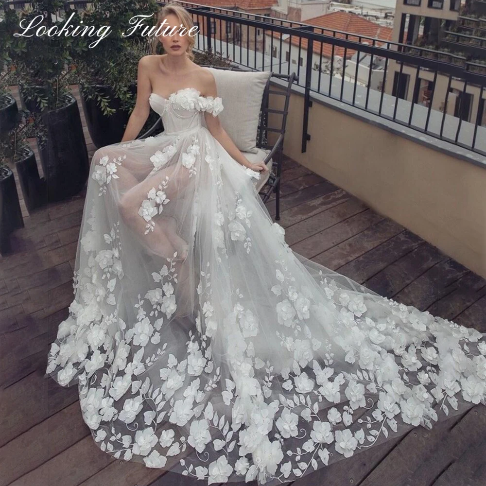 

Elegant 3D Floral Lace Wedding Dress Princess A line Sweetheart Off Shoulder Illusion Bridal Gowns Court Train Robe De Mariee