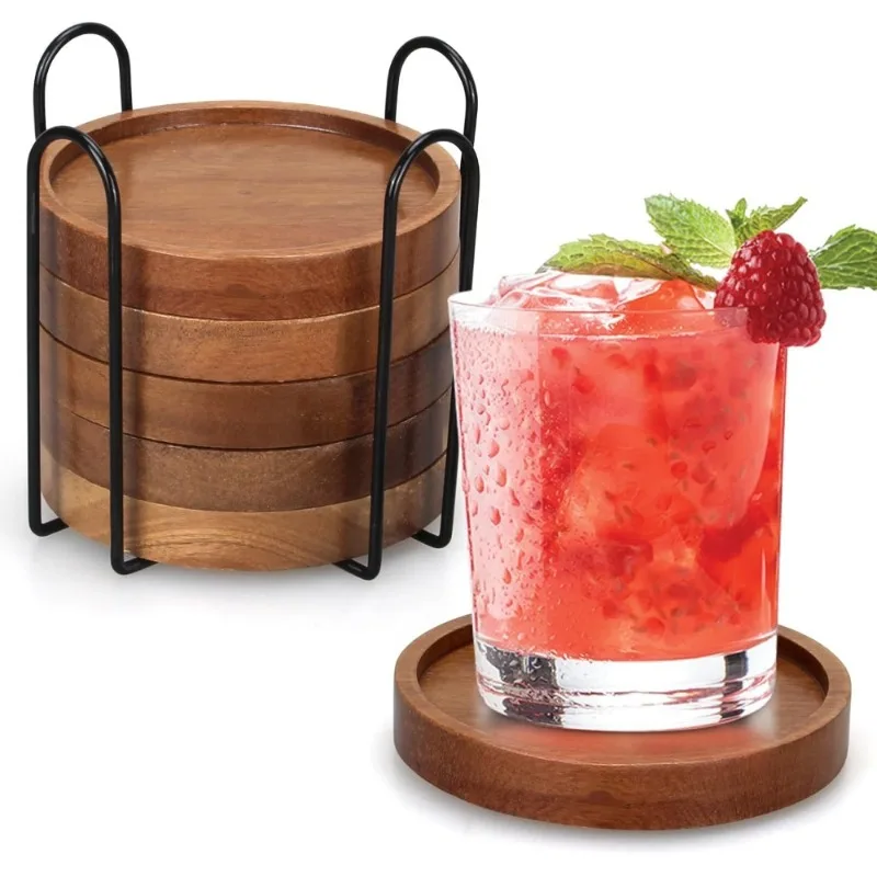 6Pcs Best Wooden Coasters with Holder Coffee Table Decor Acacia Wood Coaster Set Modern Cup Coaster for Home Kitchen Accessories