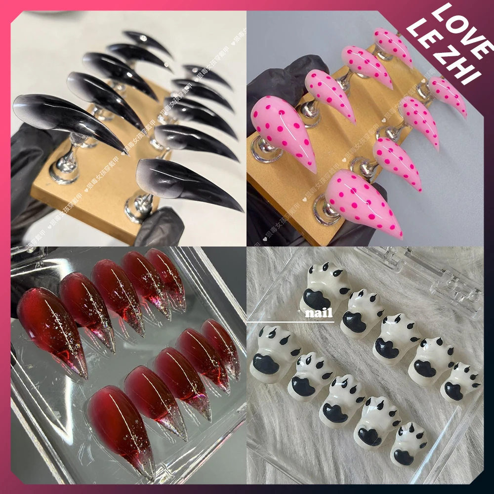 

10Pcs Spice Girl Long Beast Claw Handmade Full Cover Nail Flash Powder Diamond Cat Paws Dragon Shape Claw Reusable Press On Nail