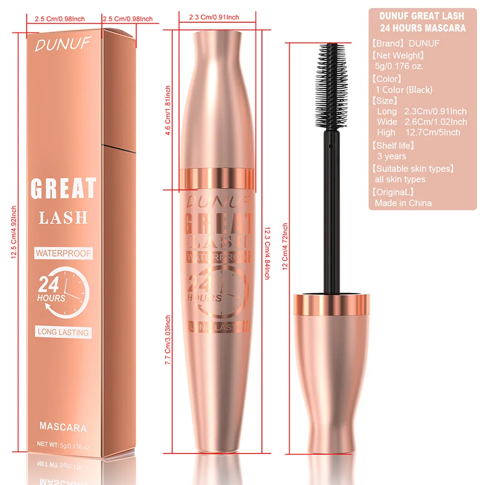 Waterproof and sweatproof mascara thick and long without smudging and slimming.