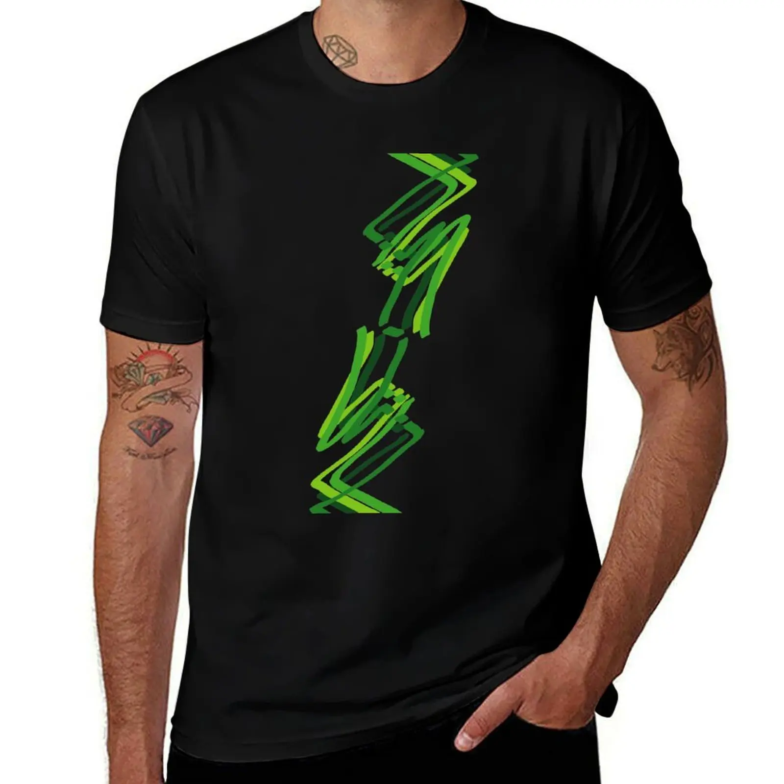 Abstract Paint Strokes Green Zig Zag Pattern T-Shirt Casual Loose Daily Wear T-Shirt