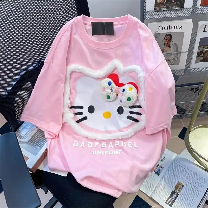 

Женская футболка Sanrio Hello Kitty, хлопковая, для лета, свободного кроя, с коротким рукавом, в корейском стиле, модная, милая, повседневная