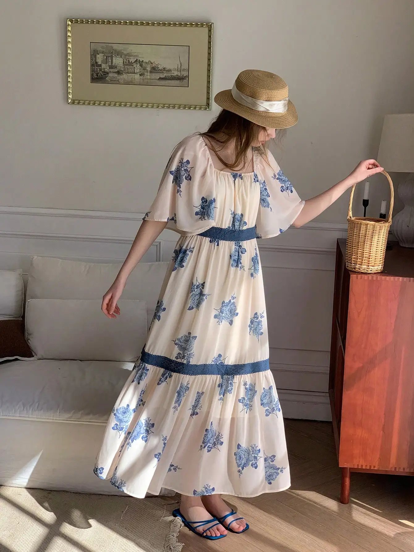 Floral Print Square Neck Flutter Sleeve Cinched Waist Maxi Dress