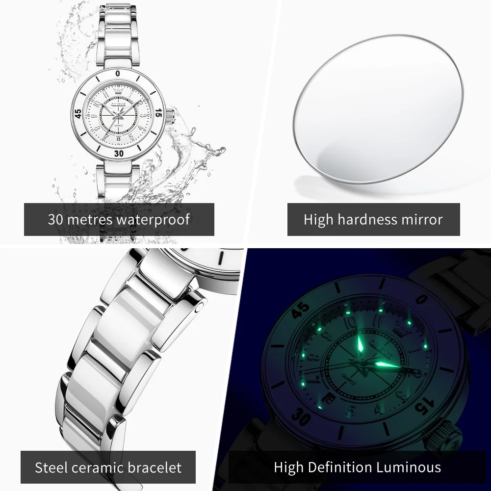 OLEVS 7083 Woman Watch Fashion Number Scale Quartz Watch For Women Luminous 30M Waterproof Ladies Wristwatch Ceramic Steel Strap