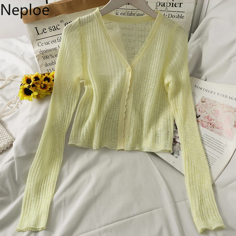 Knit Sweater Pink Cardigans Women Summer Long Sleeve Cropped Cardigan Korean See Through Y2K Top Fashion Sweaters Woman Clothes