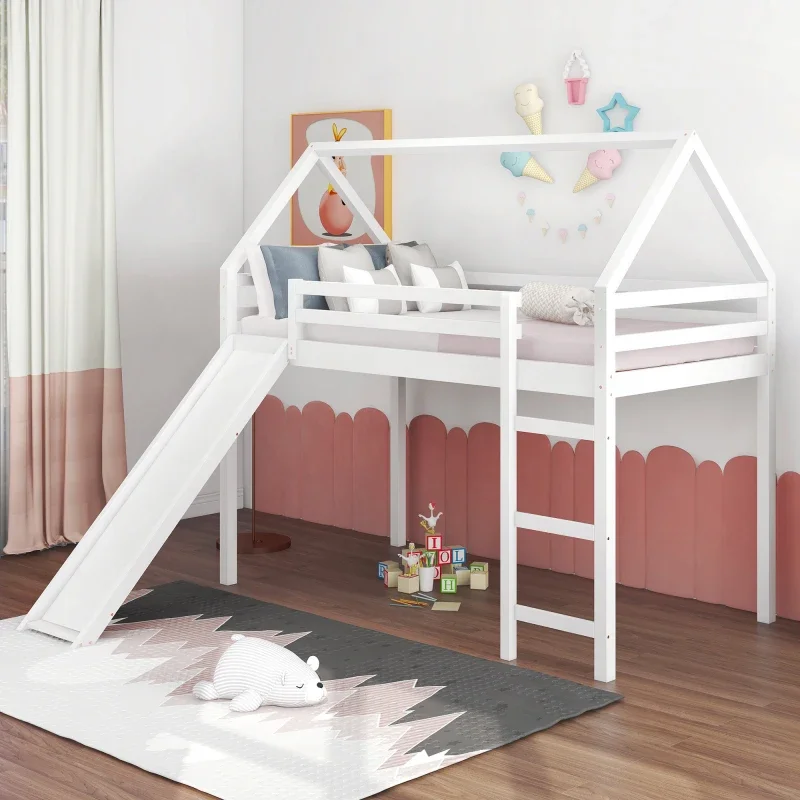 Cama loft de tamaño doble con tobogán, cama de casa con tobogán, blanco