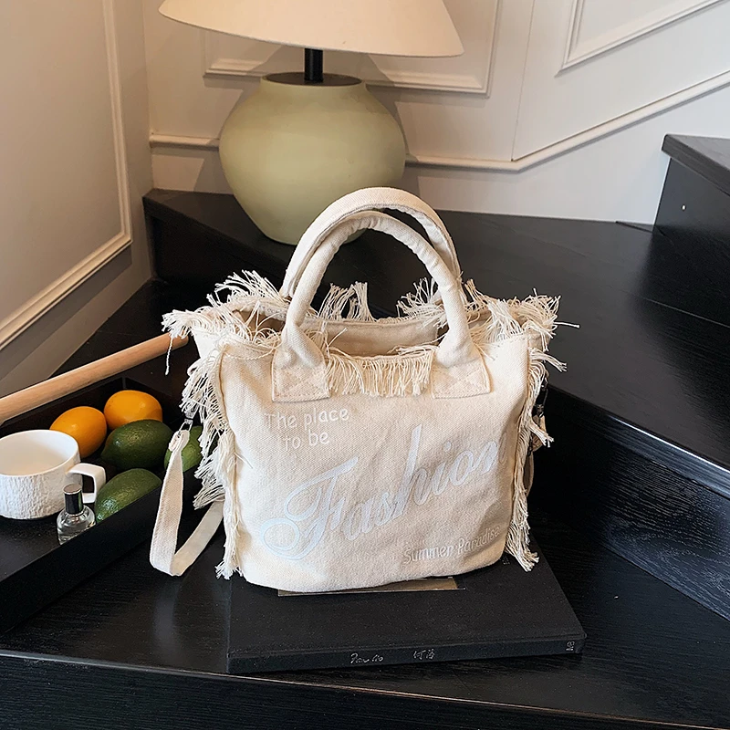 Vintage Fringe Canvas Mini Tote Bag Women Letter Print Distressed Handbag Casual Daily Shopping Small Fashion Shoulder Purse