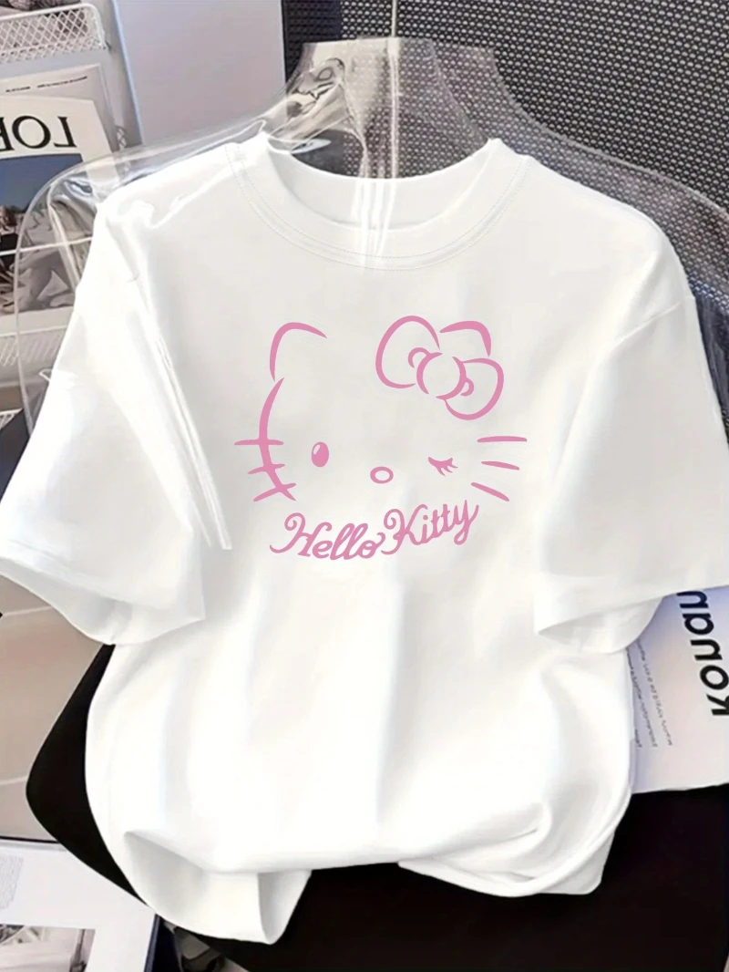 

Sanrio Official Women's Casual Short Sleeved T-shirt, Hello Kitty Print, Loose Round Neck Top