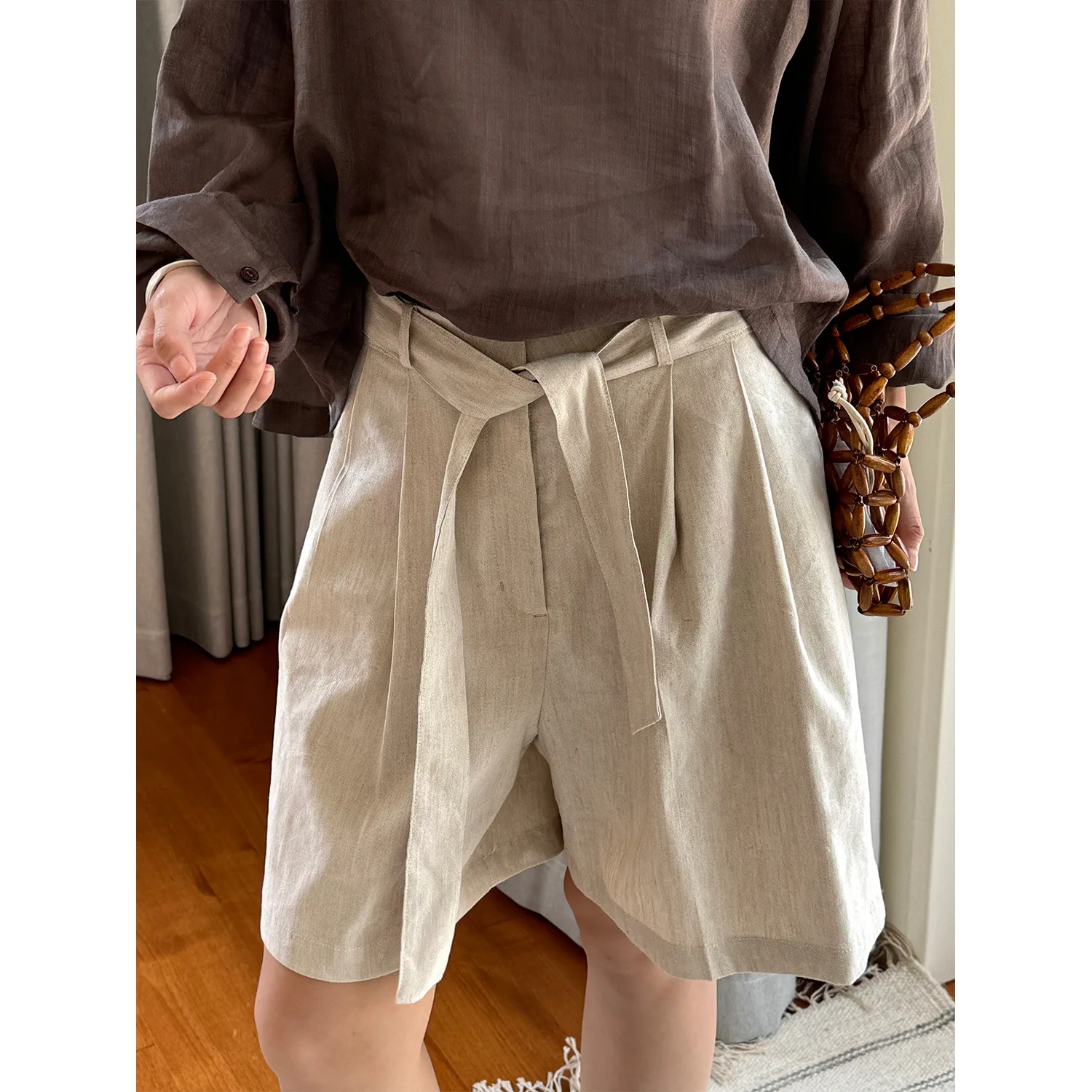 

Women's 2024 Summer Wide Leg Linen Flowy Shorts Beach Navy Blue Beige Shorts with Belted