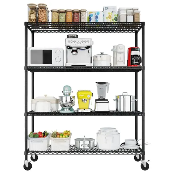 4-Tier Metal Wire Shelf with Wheels, Heavy Duty 2500lbs Storage for Garage Pantry Commercial, 75.59