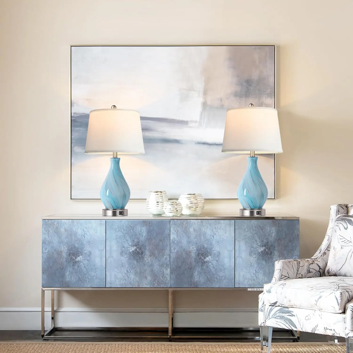 ชุดโคมไฟตกแต่งแบบสัมผัส 2 ชิ้น, กระจกศิลปะสีฟ้าเทาหมุนวนแบบซีดจางขนาด 22 นิ้ว พร้อมพอร์ต USB, โคมไฟทรงกลองสีขาวหรี่แสงได้ 3 ระดับสำหรับ