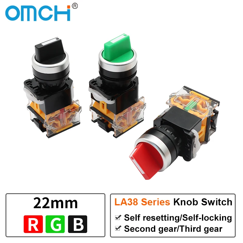 OMCH 22 مللي متر 2/3 موقف مفتاح جهاز انتقاء دوار 10A 440 فولت الإغلاق/لحظة DPST 2NO 1NO1NC تشغيل/إيقاف أحمر أخضر أسود مقبض #1