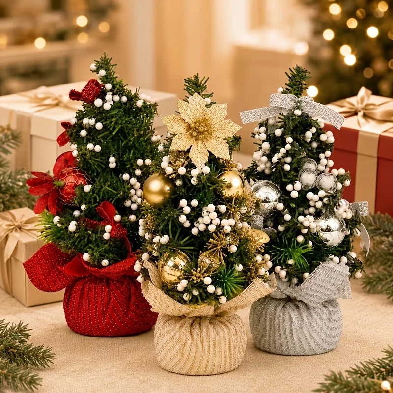 3pcs Christmas Tree Desktop Ornaments, Mini Faux Pine Needle Christmas Trees with White Berries, No Installation Required, Decor