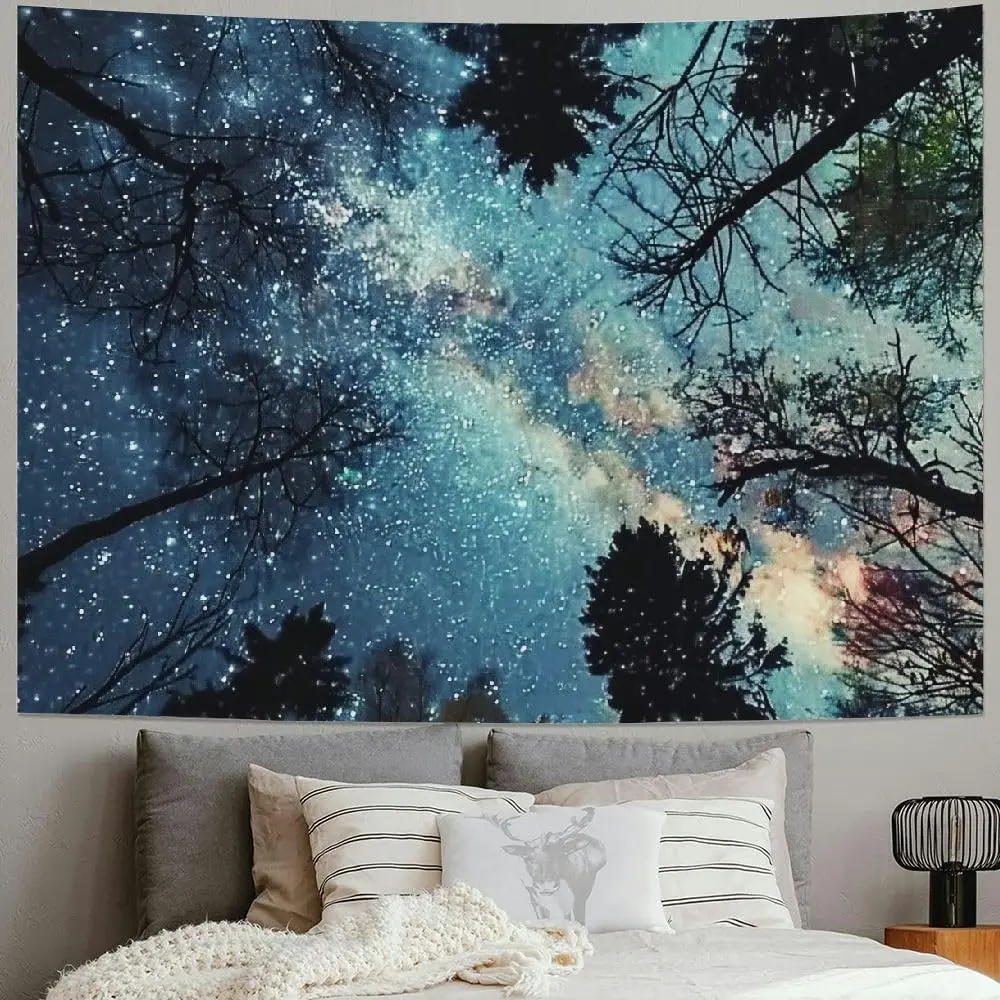 Galaxy Forest Starry Tapestry – Bohemian Wall Hanging with Vibrant Milky Way & Tree Silhouette, Cosmic Nature Decor for Bedroom