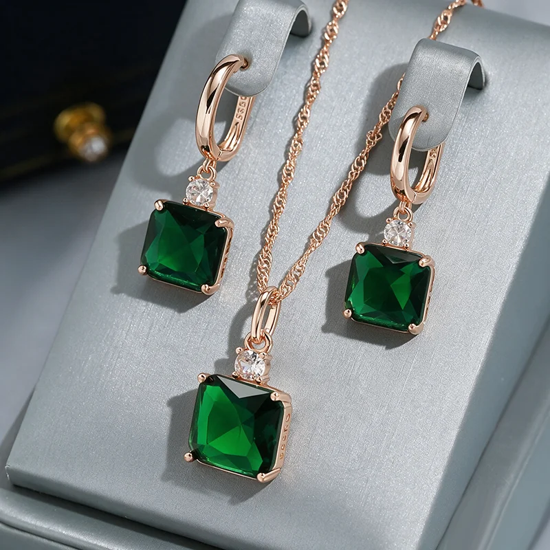 Wbmqda Quadratische Grüne Stein-Ohrhänger für Damen 585 Roségoldfarben Mode Zirkon Schmucksets Accessoires