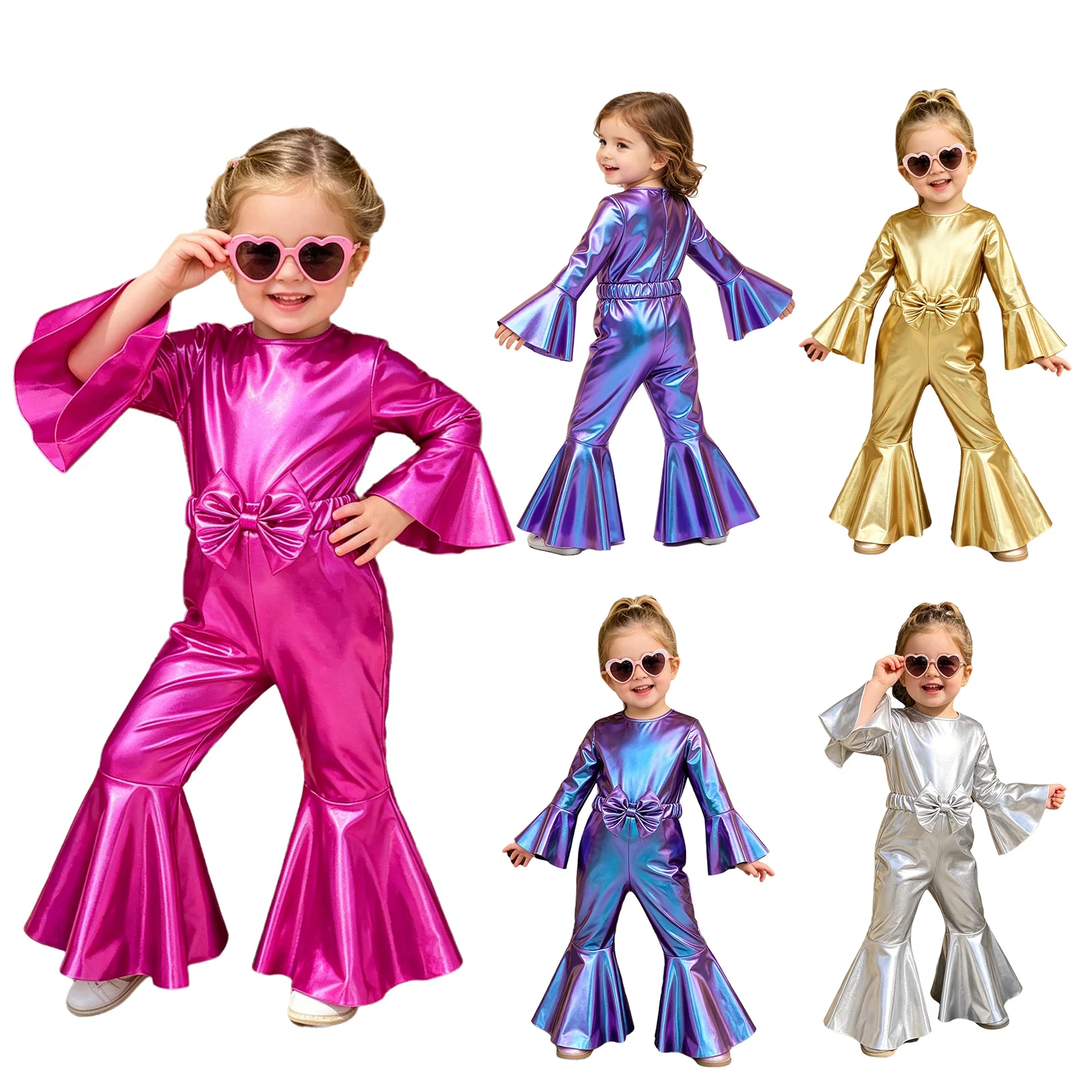 

Baby Girls Disco Jumpsuit Metallic Shiny Zipper Flared Rompers with Bow Belt Halloween Theme Party Birthday Photography Costume
