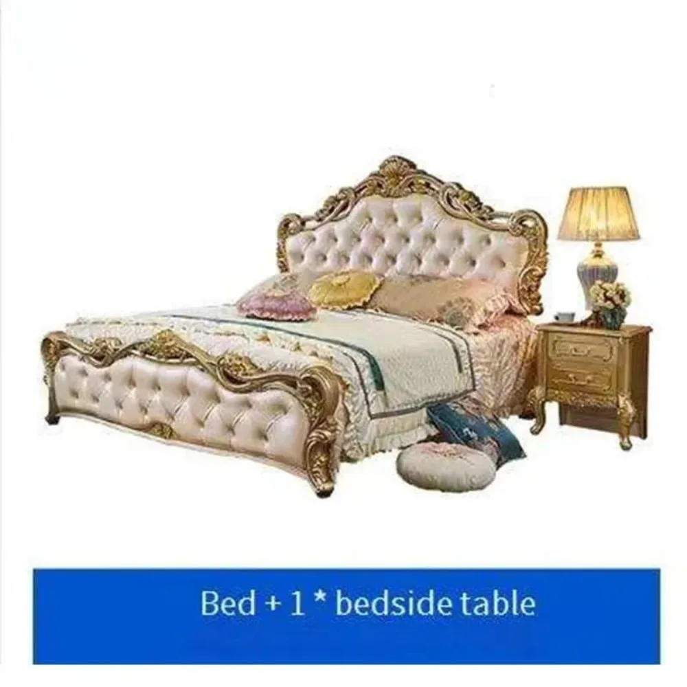 Solid Wood Bed European Carved French Royal Leather Master Bedroom Furniture Champagne Luxury Home Bedroom Set Decor