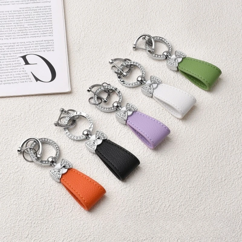 Rhinestone Bowknot Leather Car Keychain Ins Style Fashion Key Ring Pendant Exquisite Women Bag Charm Cute Small Gift
