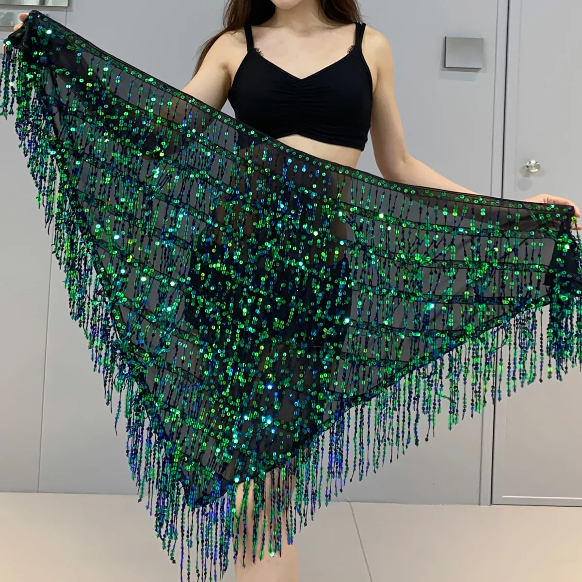 Womens Sequin Tassel Skirts Rave Fringe Hip Scarf for Festival Stage Performance Show Costume Glitter Sparkly Wrap Belt Outfit