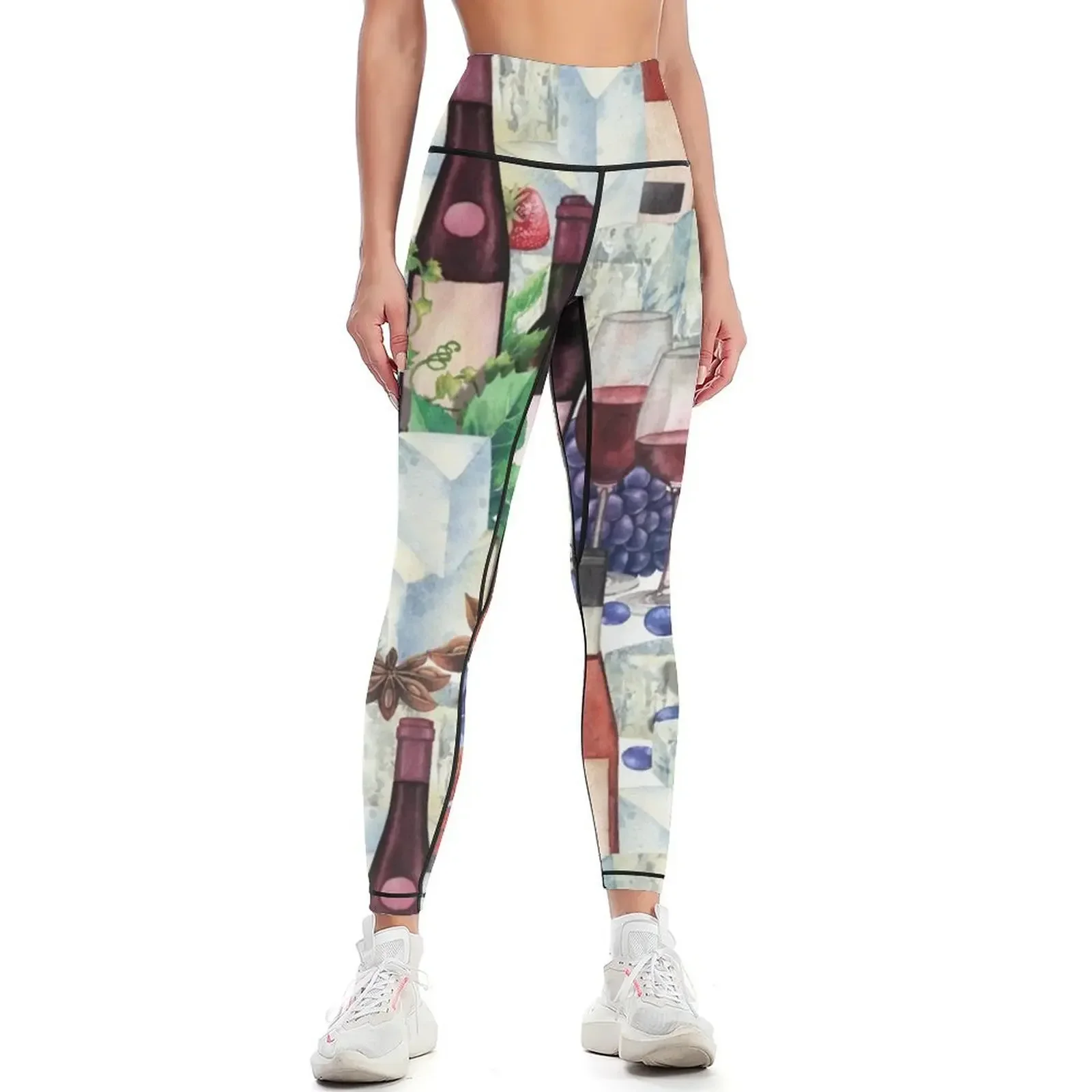 

Watercolor wine glasses and bottles decorated with delicious food Leggings Pants sport Leginsy push up Womens Leggings