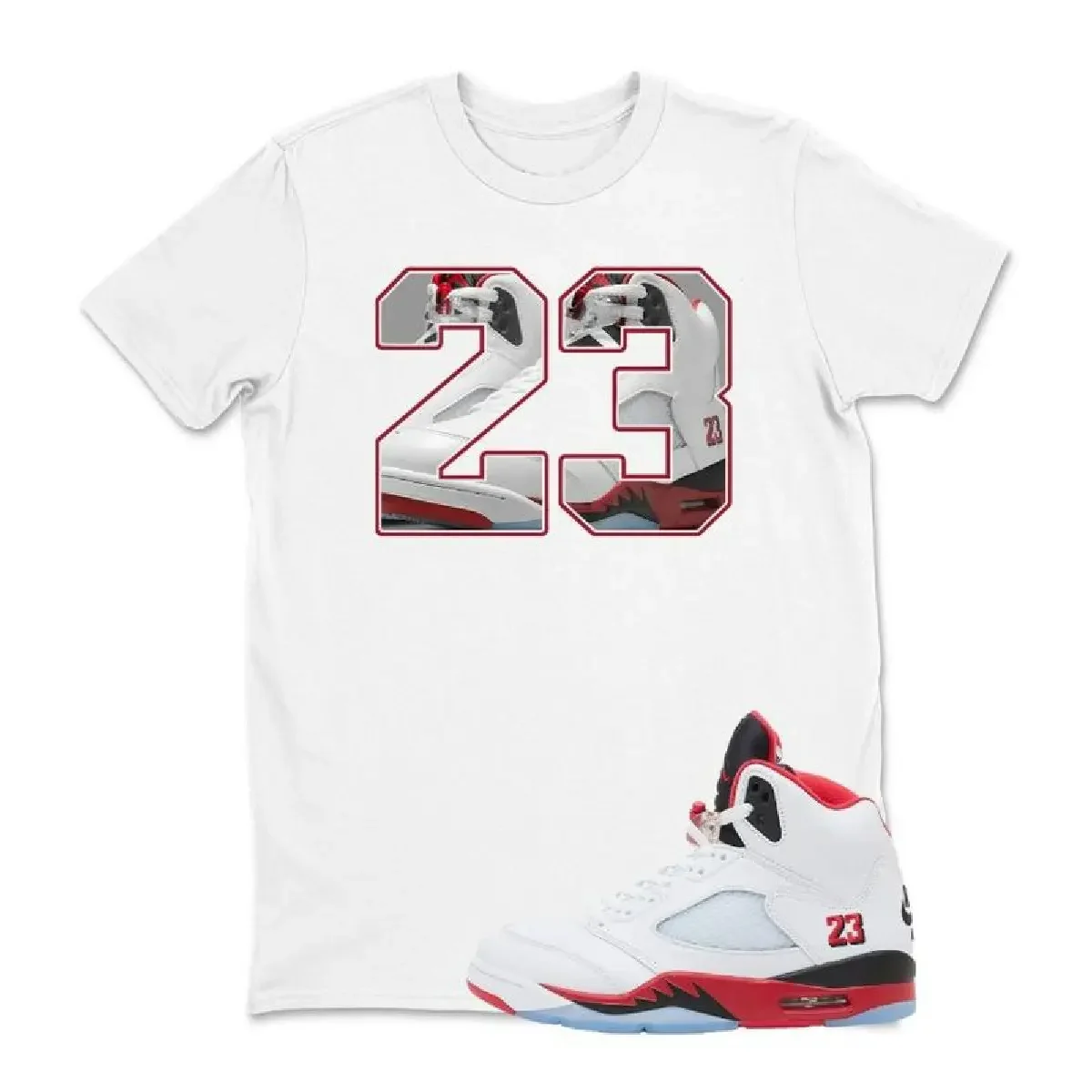 Camiseta Roja Fuego 5, Camiseta Gráfica Roja Fuego 5s, Camiseta Unisex Número 23 a Juego con las Zapatillas Jordan 5 Roja Fuego, Conjunto Blanco y Rojo, 100% Algodón, Ropa Casual para Uso Diario