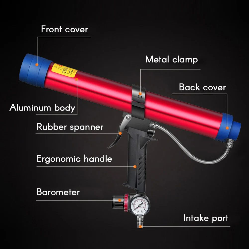 Adjustable Pneumatic Glass Glue Gun Air Rubber Gun Tool 310ml Hard Glue Sealant Applicator Caulking Gun Tool with Plastic Cones