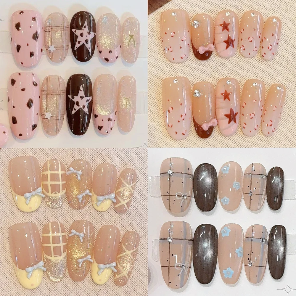 

Sweet Cute Long Ellipse Handmade Detachable Press On Nails Cat Eyes Star Leopard Print Bowknot Flower Diamond French False Nails