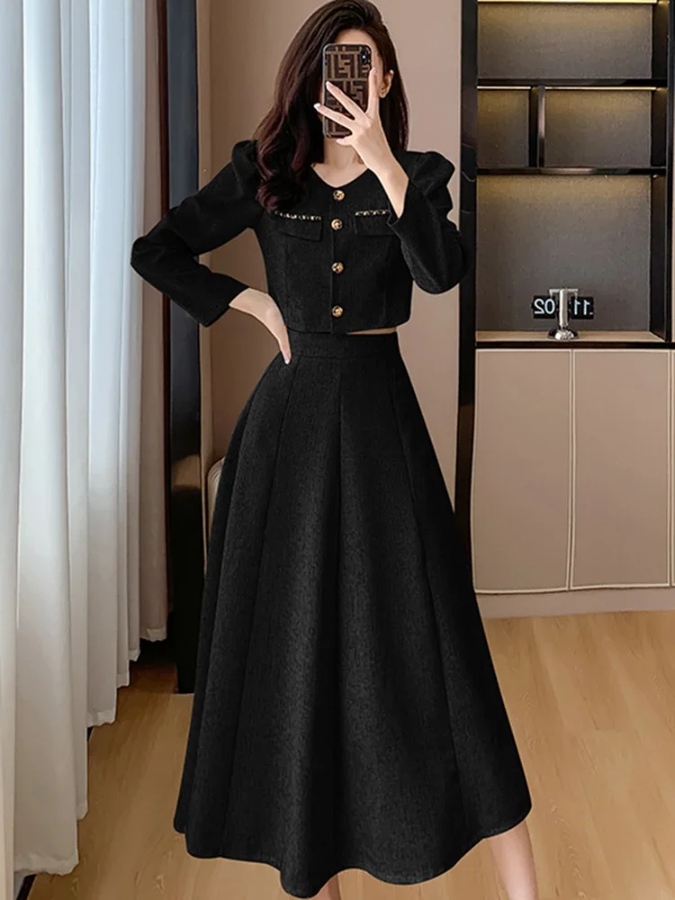 New Autumn Fashion Small Fragrance Single Breasted Short Coat + High Waist Mid Length Skirt Ladies Suit Korean Two Piece Set