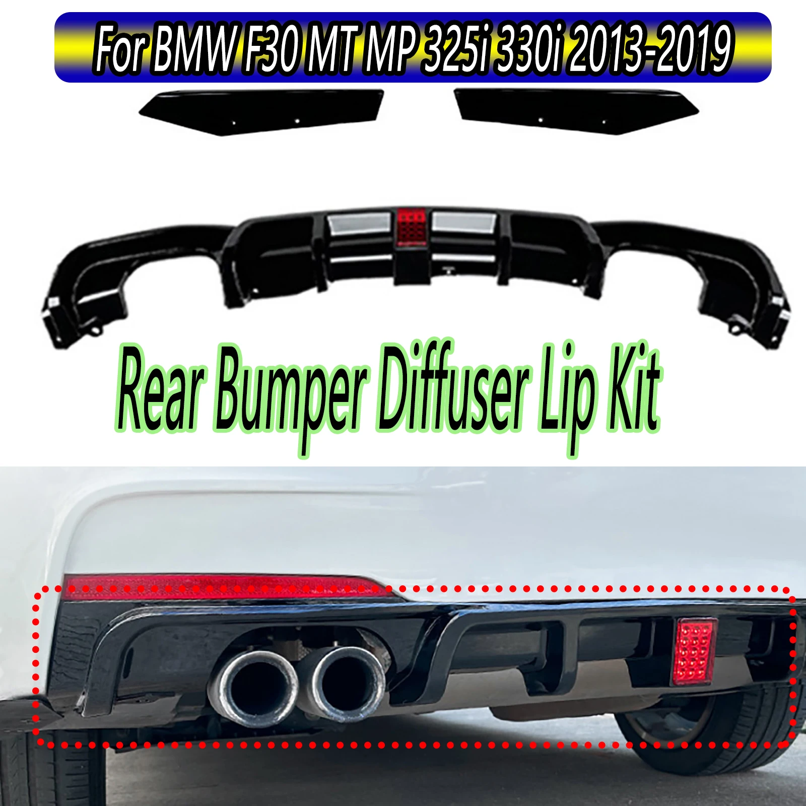 

Rear Bumper Diffuser Lip With Light Dual Exhaust Black Lip Splitters Valance Spoiler For BMW F30 MT MP 325i 330i 2013-2019