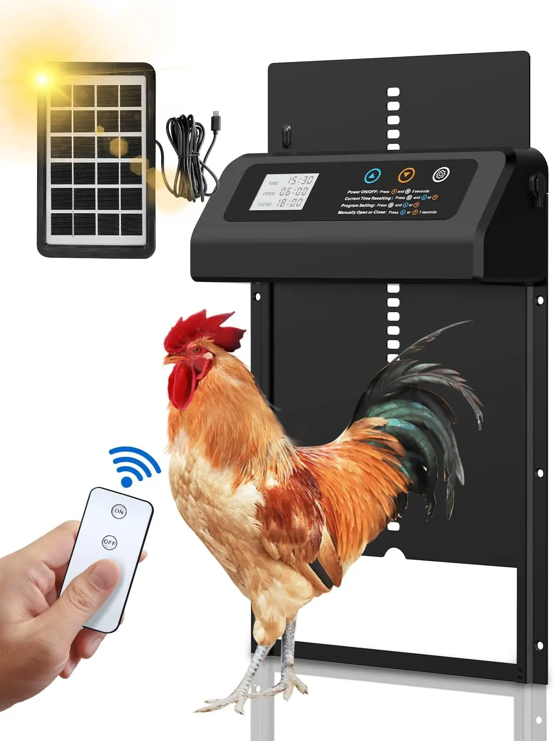 Solar Powered Automatic Chicken Door with Timer, Anti-Pinch, Durable Aluminum Auto Chicken Door, Charge with Solar Panel (Black)