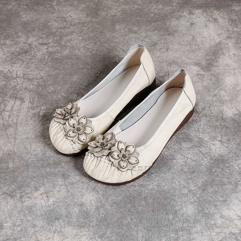 Woman's Real Cow Leather Casual Shoes Flats Woman Slim Foot Shoes Ladies Vintage Floral Moccasins Luxury Flattie Slip On Shoes