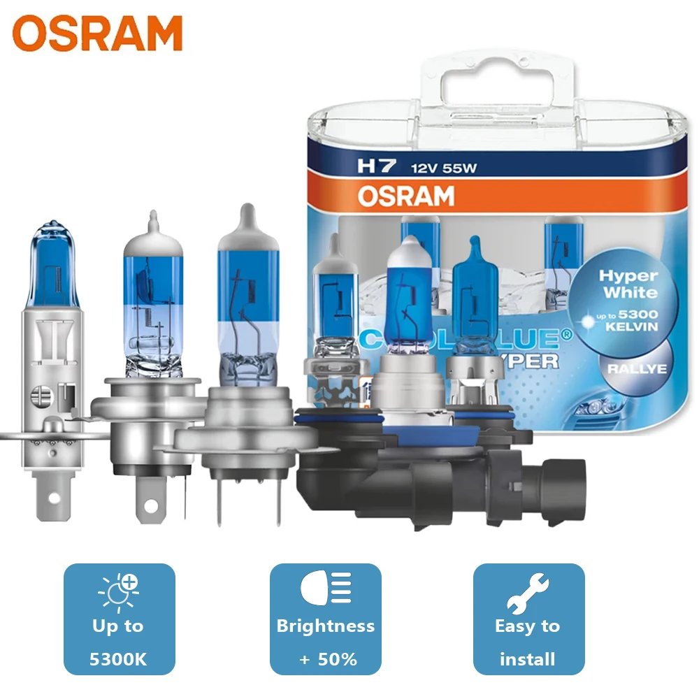 OSRAM Car Halogen H7 H4 H11 H1 HB3 9005 HB4 9006 Cool Blue Hyper Headlight Hi/Lo Beam 5300K 12V 55W +50% Bright White Bulb,2X