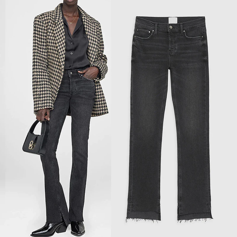 Jean Slim en Denim pour Femme, Pantalon Long à Ourlet Brut Asymétrique, Nouvelle Collection 2023