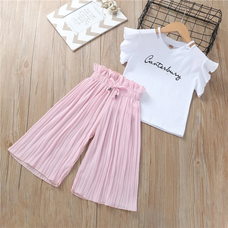 Summer 2021 Girls Clothing Sets Kids T-shirt +Wide Leg Pants Suits Children Short Sleeve Baby Girl Clothes 5 6 7 8 9 10 12 Years