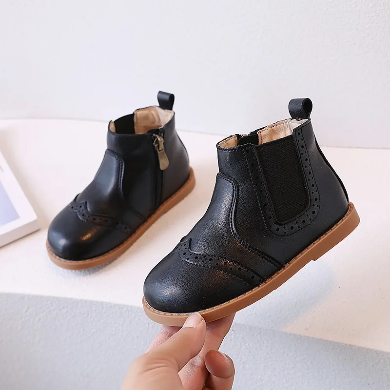 Girls Leather Shoes 2024 Autumn New Fashion Thin Velvet Warm Children\'s Boots Non-slip Hundred Boys Martin Boots Solid Colour